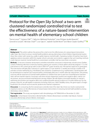 Protocol for the Open Sky School: a two-arm clustered randomized controlled trial to test the effectiveness of a nature-based intervention on mental health of elementary school children thumbnail