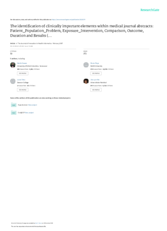 The identification of clinically important elements within medical journal abstracts: Patient_Population_Problem, Exposure_Intervention, Comparison, Outcome, Duration and Results (PECODR) thumbnail