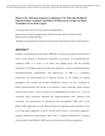 Fluorescent, Thermo-responsive Copolymers Via Nitroxide Mediated Polymerization: Synthesis and Effect of Fluorescent Groups on Phase Transitions in an Ionic Liquid thumbnail