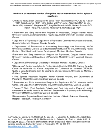 Predictors of treatment attrition of cognitive health interventions in first episode psychosis thumbnail