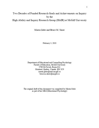 Two Decades of Funded Research Goals and Achievements on Inquiry by the High Ability and Inquiry Research Group (HAIR) at McGill University thumbnail