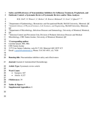 Safety and Effectiveness of Neuraminidase Inhibitors for Influenza Treatment, Prophylaxis, and Outbreak Control: a Systematic Review of Systematic Reviews and/or Meta-Analyses thumbnail