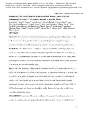 Symptoms of depression predict the trajectory of pain among patients with early inflammatory arthritis: a path analysis approach to assessing change thumbnail
