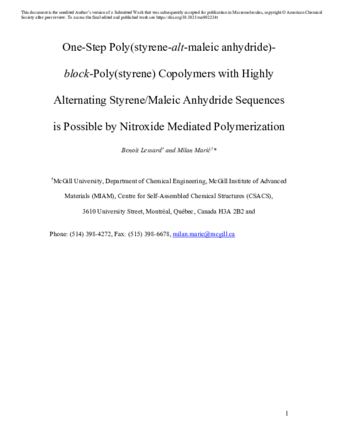 One-Step Poly(styrene-alt-maleic anhydride)-block-Poly(styrene) Copolymers with Highly Alternating Styrene/Maleic Anhydride Sequences is Possible by Nitroxide Mediated Polymerization thumbnail