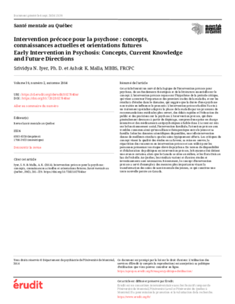 Intervention précoce pour la psychose : concepts, connaissances actuelles et orientations futures thumbnail
