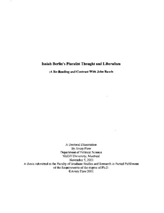 Isaiah Berlin's pluralist thought and liberalism : a re-reading and contrast with John Rawls thumbnail