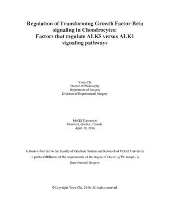 Regulation of transforming growth factor-beta signaling in chondrocytes: factors that regulate ALK5 versus ALK1 signaling pathways thumbnail