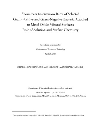 Short-term inactivation rates of selected Gram-positive and Gram-negative bacteria attached to metal oxide mineral surfaces: role of solution and surface chemistry. thumbnail