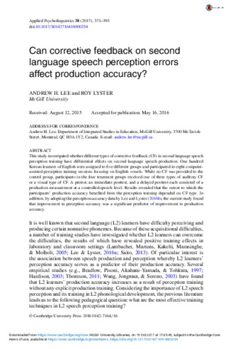 Can corrective feedback on second language speech perception errors affect production accuracy? thumbnail