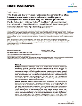 The Cues and Care Trial: A randomized controlled trial of an intervention to reduce maternal anxiety and improve developmental outcomes in very low birthweight infants thumbnail