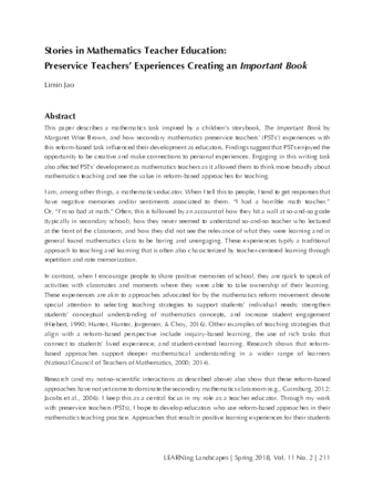 Stories in Mathematics Teacher Education: Preservice Teachers’ Experiences Creating an Important Book thumbnail