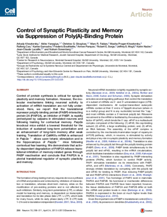 Control of Synaptic Plasticity and Memory via Suppression of Poly(A)-Binding Protein thumbnail