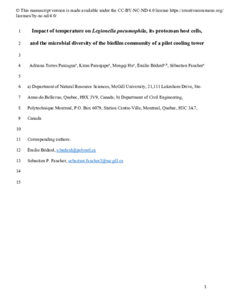 Impact of temperature on Legionella pneumophila, its protozoan host cells, and the microbial diversity of the biofilm community of a pilot cooling tower thumbnail