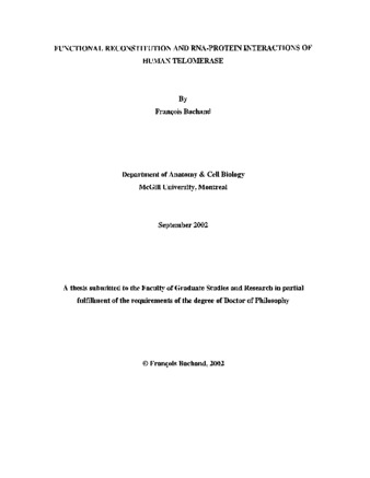 Functional reconstitution and RNA-protein interactions of human telomerase thumbnail