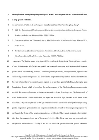 The Origin of the Zhangjialong Tungsten Deposit, South China: Implications for W-Sn Mineralization in Large Granite Batholiths thumbnail