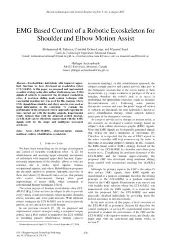 EMG Based Control of a Robotic Exoskeleton for Shoulder and Elbow Motion Assist thumbnail