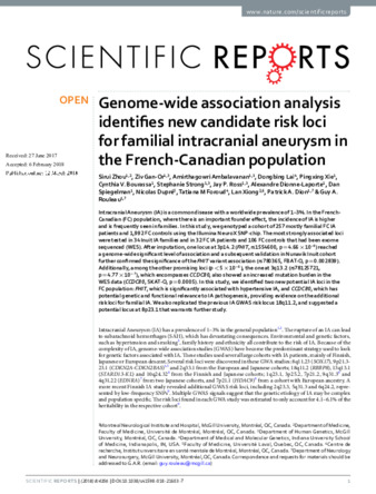 Genome-wide association analysis identifies new candidate risk loci for familial intracranial aneurysm in the French-Canadian population thumbnail