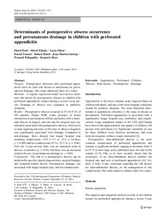 Determinants of postoperative abscess occurrence and percutaneous drainage in children with perforated appendicitis thumbnail