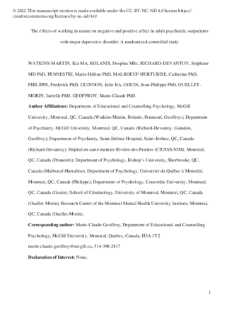  The effects of walking in nature on negative and positive affect in adult psychiatric outpatients with major depressive disorder: A randomized-controlled study. thumbnail