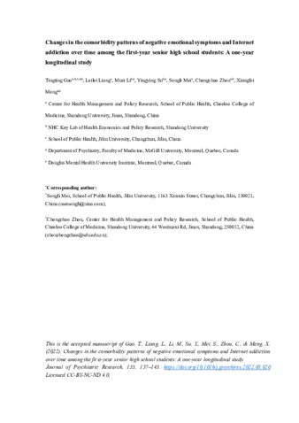 Changes in the comorbidity patterns of negative emotional symptoms and Internet addiction over time among the first-year senior high school students: A one-year longitudinal study thumbnail