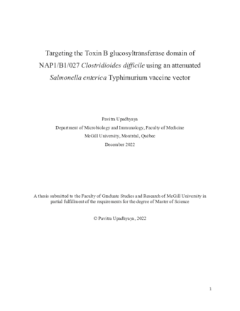 Targeting the Toxin B glucosyltransferase domain of NAP1/B1/027 Clostridioides difficile using an attenuated Salmonella enterica Typhimurium vaccine vector thumbnail