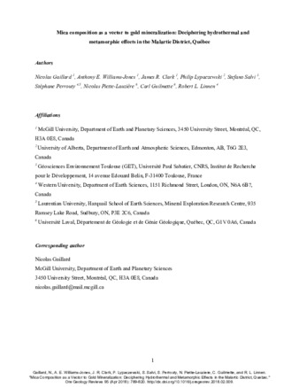 Mica composition as a vector to gold mineralization: Deciphering hydrothermal and metamorphic effects in the Malartic district, Quebec thumbnail