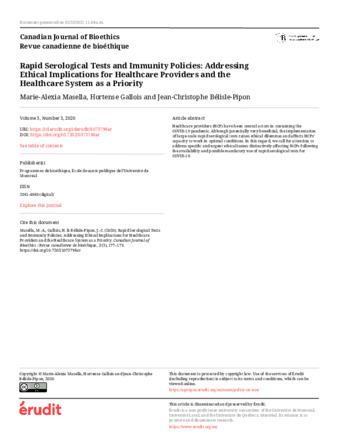 Rapid Serological Tests and Immunity Policies: Addressing Ethical Implications for Healthcare Providers and the Healthcare System as a Priority thumbnail