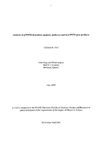 Analysis of p75NTR-dependent apoptotic pathways and of p75NTR gene products thumbnail