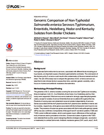 Genomic Comparison of Non-Typhoidal Salmonella enterica Serovars Typhimurium, Enteritidis, Heidelberg, Hadar and Kentucky Isolates from Broiler Chickens thumbnail