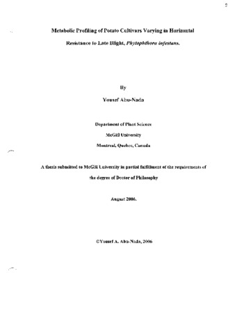 Metabolic profiling of potato cultivars varying in horizontal resistance to late blight, Phytophthora infestans thumbnail