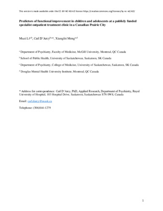 Predictors of functional improvement in children and adolescents at a publicly funded specialist outpatient treatment clinic in a Canadian Prairie City thumbnail