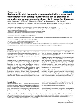 Radiographic joint damage in rheumatoid arthritis is associated with differences in cartilage turnover and can be predicted by serum biomarkers: an evaluation from 1 to 4 years after diagnosis thumbnail