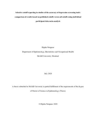 Selective cutoff reporting in studies of the accuracy of depression screening tools: Comparison of results based on published cutoffs versus all cutoffs using individual participant data meta-analysis thumbnail