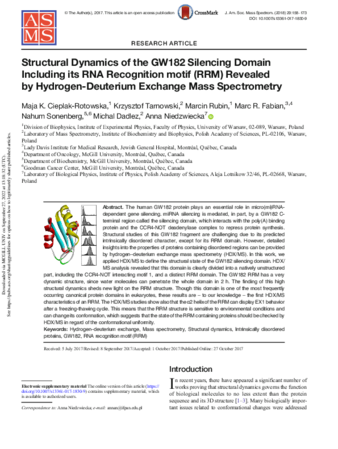 Structural Dynamics of the GW182 Silencing Domain Including its RNA Recognition motif (RRM) Revealed by Hydrogen-Deuterium Exchange Mass Spectrometry thumbnail