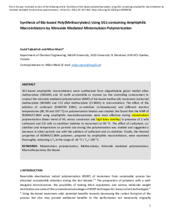 Synthesis of Bio-based Poly(Methacrylates) Using SG1-containing Amphiphilic Macroinitiators by Nitroxide Mediated Miniemulsion Polymerization  thumbnail