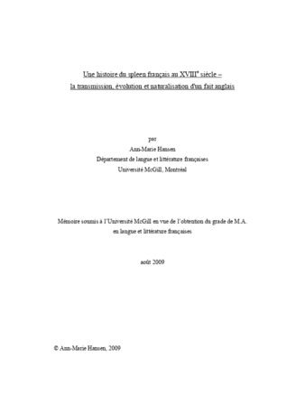 Une histoire du spleen français au XVIIIe siècle - la transmission, évolution et naturalisation d'un fait anglais thumbnail