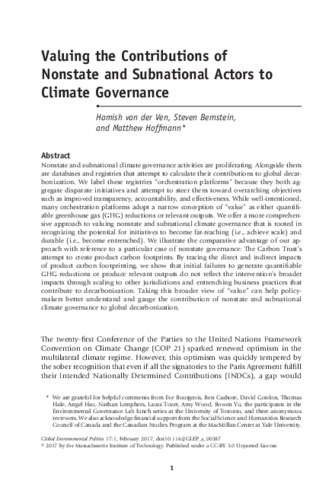 Valuing the Contributions of Non-State and Subnational Actors to Climate Governance thumbnail