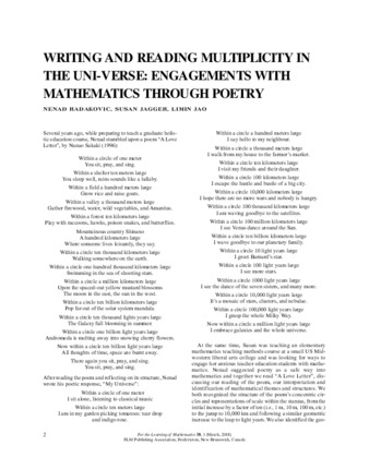 Writing and reading multiplicity in the uni-verse: engagements with mathematics through poetry thumbnail