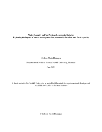 Water Security on First Nations Reserves in Ontario: Exploring the impact of source water protection, community location, and fiscal capacity thumbnail