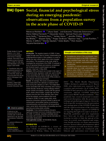 Social, financial and psychological stress during an emerging pandemic: observations from a population survey in the acute phase of COVID-19 thumbnail