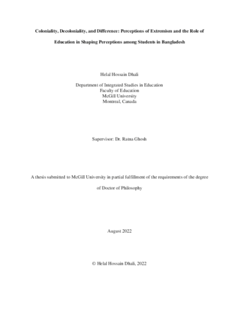 Coloniality, decoloniality, and difference: Perceptions of extremism and the role of education in shaping perceptions among students in Bangladesh thumbnail