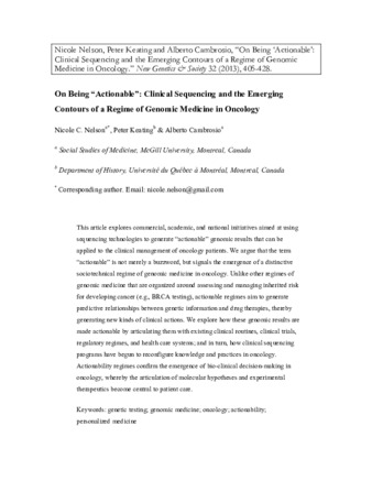 On Being ‘Actionable’: Clinical Sequencing and the Emerging Contours of a Regime of Genomic Medicine in Oncology. thumbnail