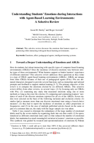 Understanding Students’ Emotions during Interactions with Agent-Based Learning Environments: A Selective Review thumbnail