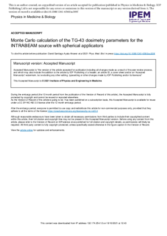 Monte Carlo calculation of the TG-43 dosimetry parameters for the INTRABEAM source with spherical applicators thumbnail