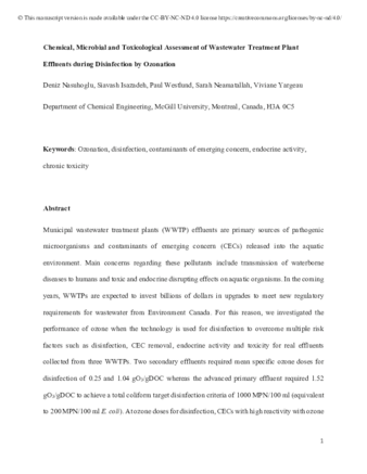 Chemical, microbial and toxicological assessment of wastewater treatment plant effluents during disinfection by ozonation thumbnail