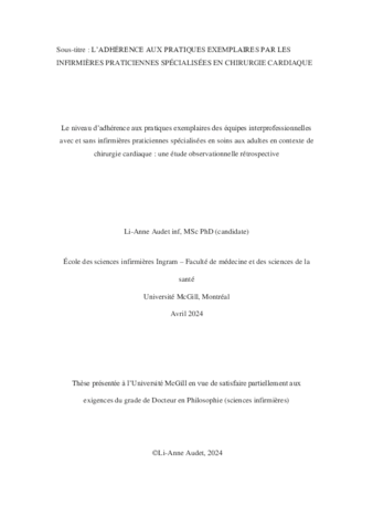 Le niveau d’adhérence aux pratiques exemplaires des équipes interprofessionnelles avec et sans infirmières praticiennes spécialisées en soins aux adultes en contexte de chirurgie cardiaque : une étude observationnelle rétrospective thumbnail