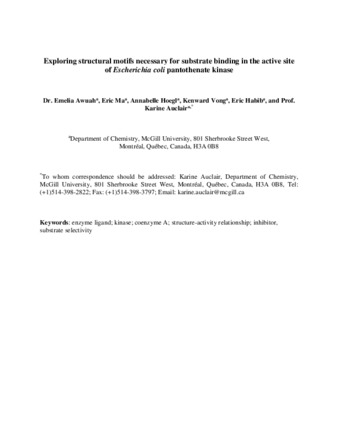 Exploring structural motifs necessary for substrate binding in the active site of Escherichia coli pantothenate kinase thumbnail