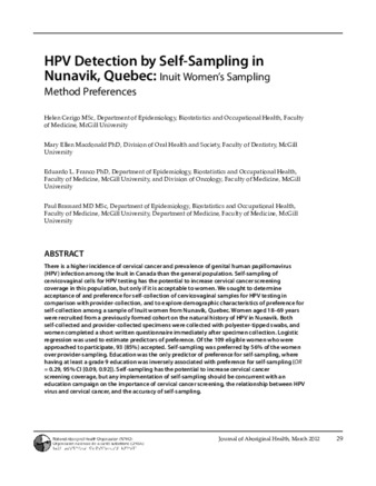 HPV Detection by Self-Sampling in Nunavik, Quebec: Inuit Women’s Sampling Method Preferences thumbnail