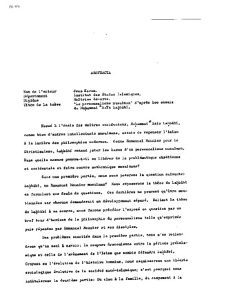 the Muslim Personalism According to the Essays of Muhammad 'Aziz Lahbabi. thumbnail