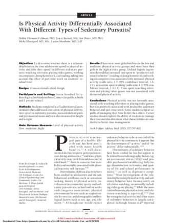 Is Physical Activity Differentially Associated With Different Types of Sedentary Pursuits? thumbnail